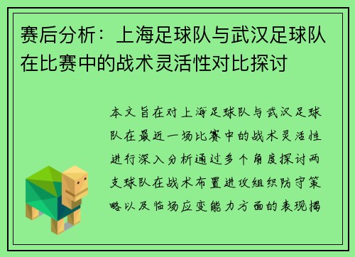赛后分析：上海足球队与武汉足球队在比赛中的战术灵活性对比探讨