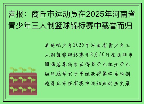 喜报:商丘市运动员在2025年河南省青少年三人制篮球锦标赛中载誉而归 喜报:商丘市运动员在2025年河南省青少年三人制篮球锦标赛中载誉而归